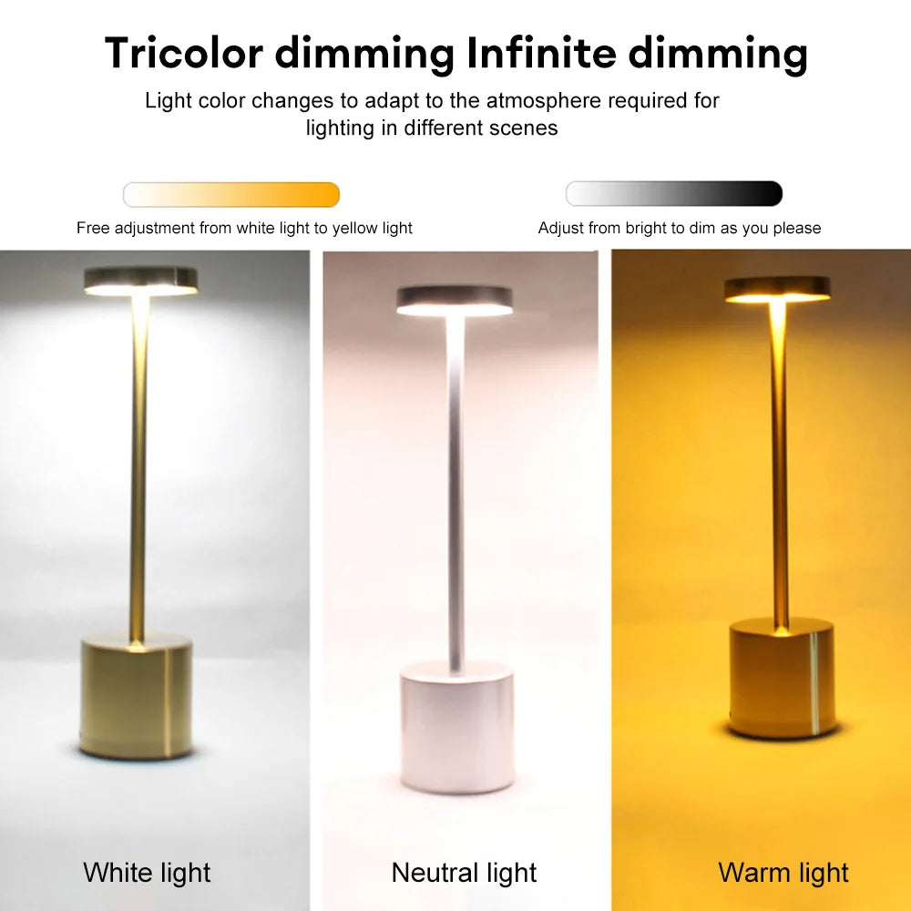 Classic USB Rechargeable Table Lamp – Stepless Dimming Touch Desk Lamp with 3 Colors for Bedside, Hotel & Bar Decoration