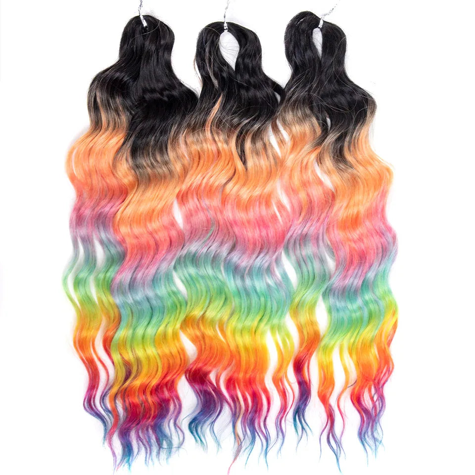 FASHION IDOL 24" Deep Wave Crochet Hair - 3-Piece Synthetic Water Wave Braiding Extensions, Ombre Rainbow Twist Hair