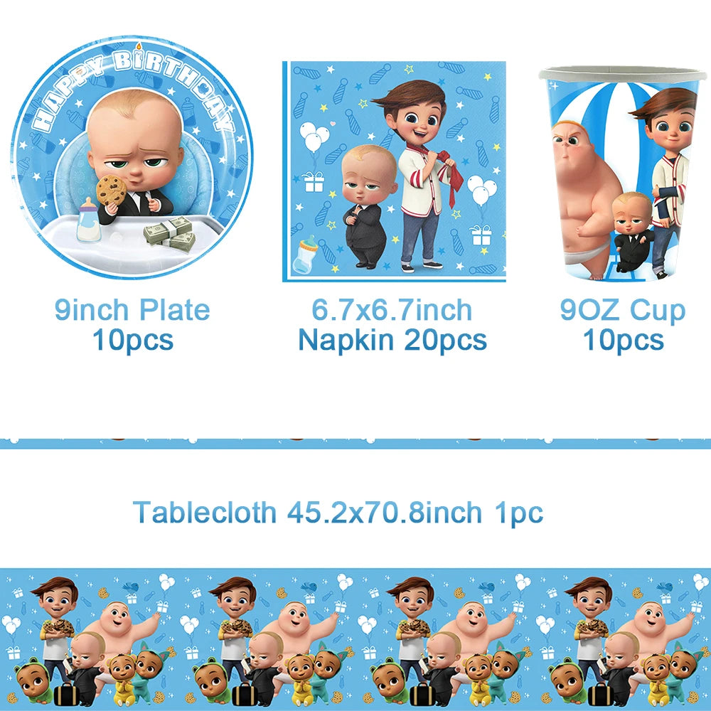 Cartoon Boss Baby Birthday Party Set - Disposable Tableware, Backdrop & Balloons for Kids Baby Shower Decor