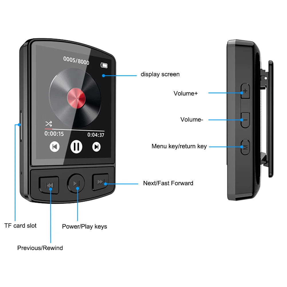 Portable Sport Clip MP3 Player - HiFi Sound, Bluetooth-Compatible 5.2, 1.8-inch Screen, FM Radio, E-Book - Student Walkman