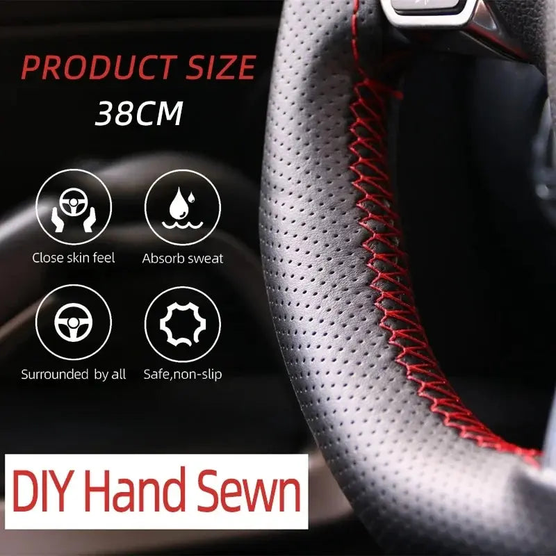 Universal Leather Car Steering Wheel Cover - DIY Stitch-On Wrap, Fits 38cm/14" Wheels, Breathable and Anti-Slip - Available in Black, Grey, Beige