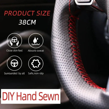 Universal Leather Car Steering Wheel Cover - DIY Stitch-On Wrap, Fits 38cm/14" Wheels, Breathable and Anti-Slip - Available in Black, Grey, Beige
