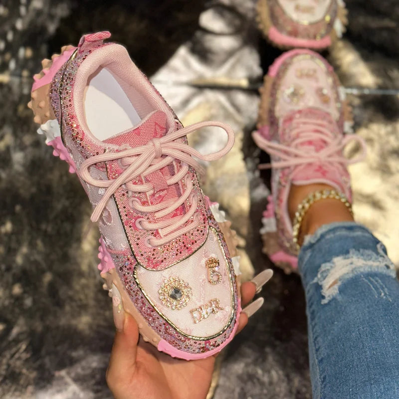 Women’s Casual Sneakers – Luxury Rhinestone Platform Sports Shoes, Fashionable Outdoor Footwear