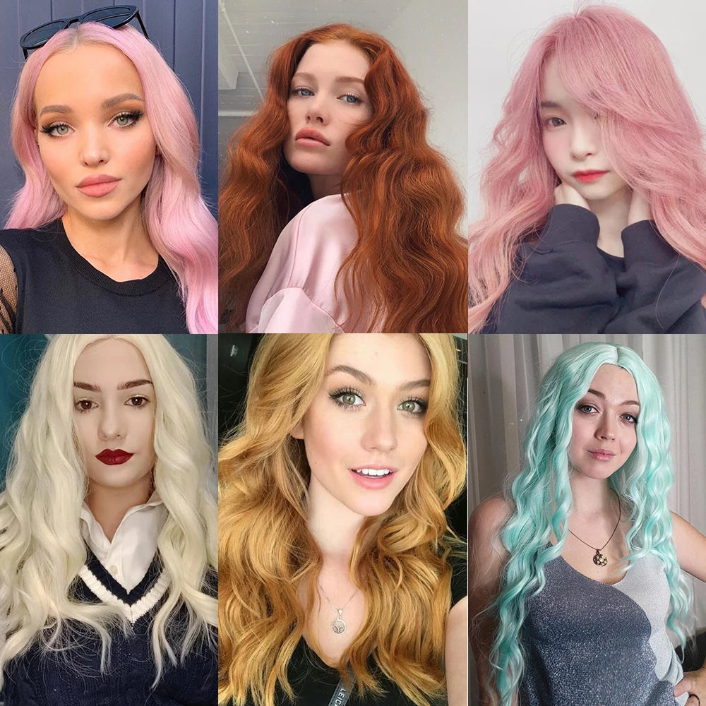 Long Wavy Green Synthetic Wig – Heat-Resistant Women's Cosplay, Party, Lolita Style, Half Part, Red/Black/Pink