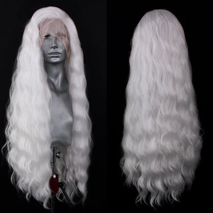 Platinum Blonde Wave Lace Front Wig – Long Synthetic Wigs for Women, Natural Loose Curl Cosplay in White, Black & Pink