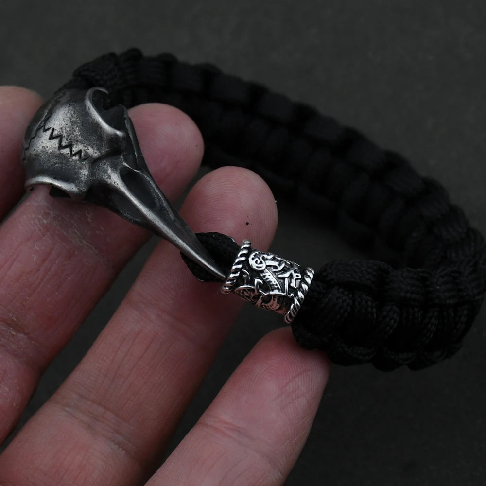 Odin Crow Skeleton Viking Bracelet - Norse Rune Bead Paracord Rope Valknut Eagle Pendant Amulet Jewelry Gift