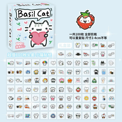 50/100-Piece Cute Basil Kitten Sticker Set - Small Cartoon Cat Decals for Phone Cases, Stationery and Suitcases
