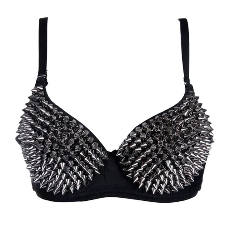 Silver Rivets Punk Rave Bralette — Gothic Sexy Push-Up Bra Top for Women