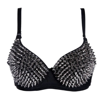 Silver Rivets Punk Rave Bralette — Gothic Sexy Push-Up Bra Top for Women