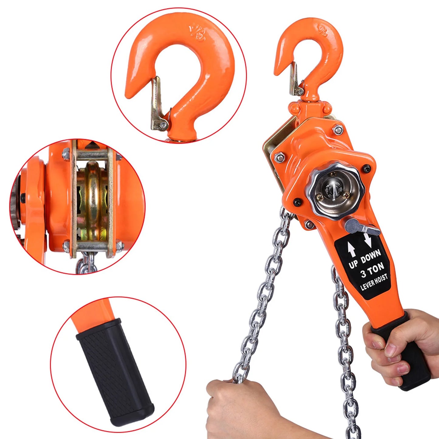 Orange 3T/3000kg Chain Block Hoist – Ratchet Lever Pulley Lifting System, 3m Length