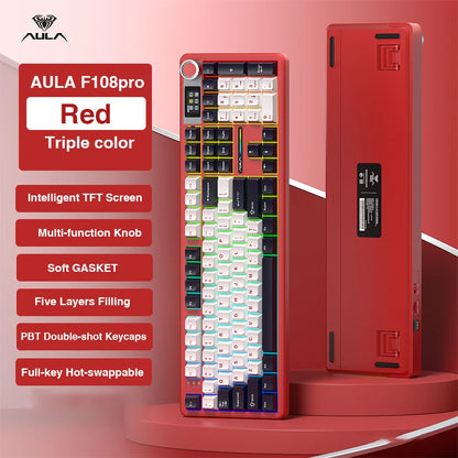 AULA F108 Pro Full-Size Gaming Keyboard – Wireless Bluetooth, Hot-Swappable Gasket Mount, Macro Keys, TFT Smart Display