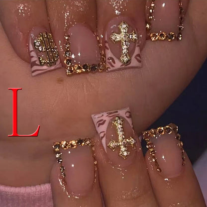 10PCS French Tip Press-On Nails - Short Square Nude Gold Glitter Leopard Nail Set
