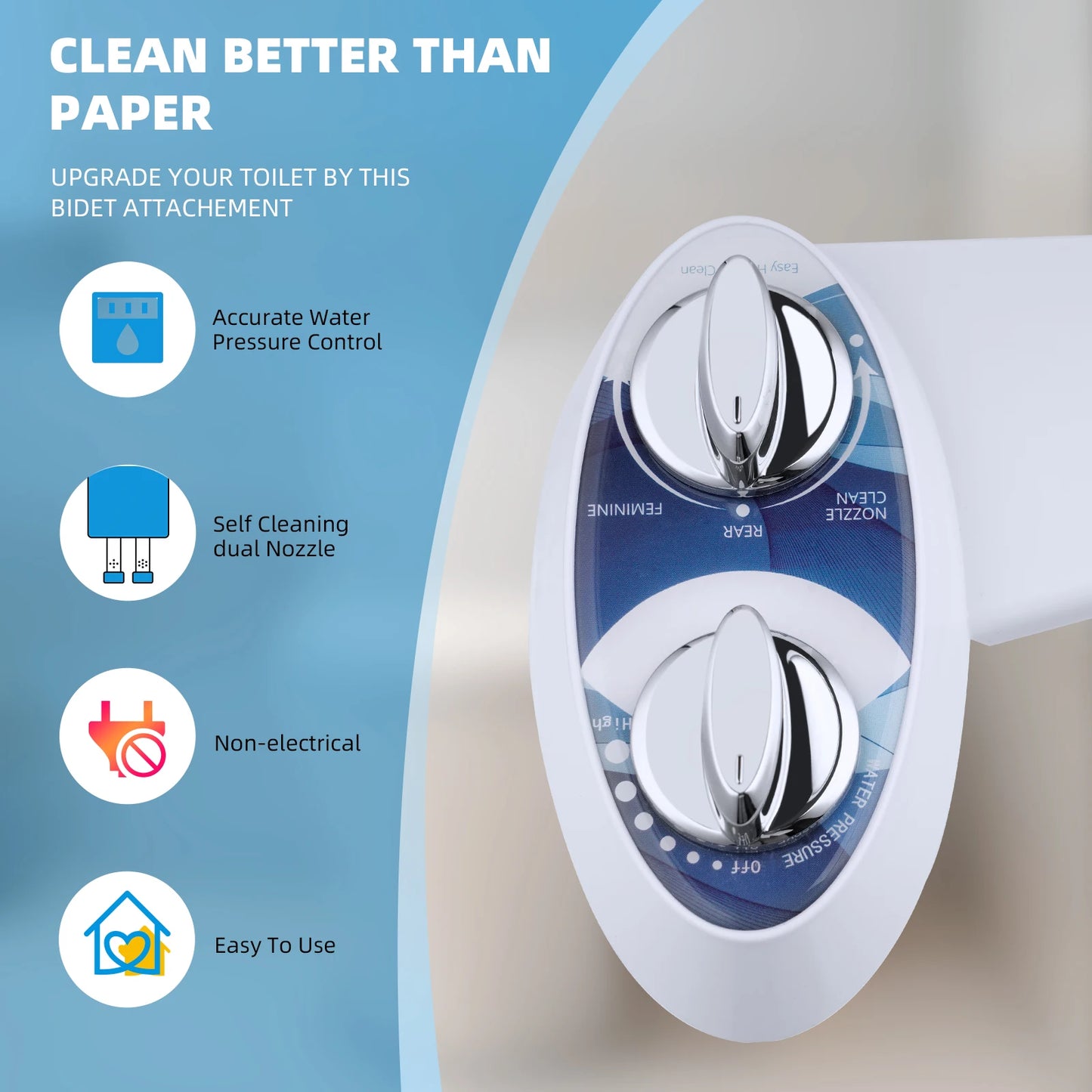 Dual Nozzle Non-Electric Bidet Attachment for Toilet – Adjustable Water Pressure Feminine & Rear Wash Cold Water Sprayer Hygiene Cleaner