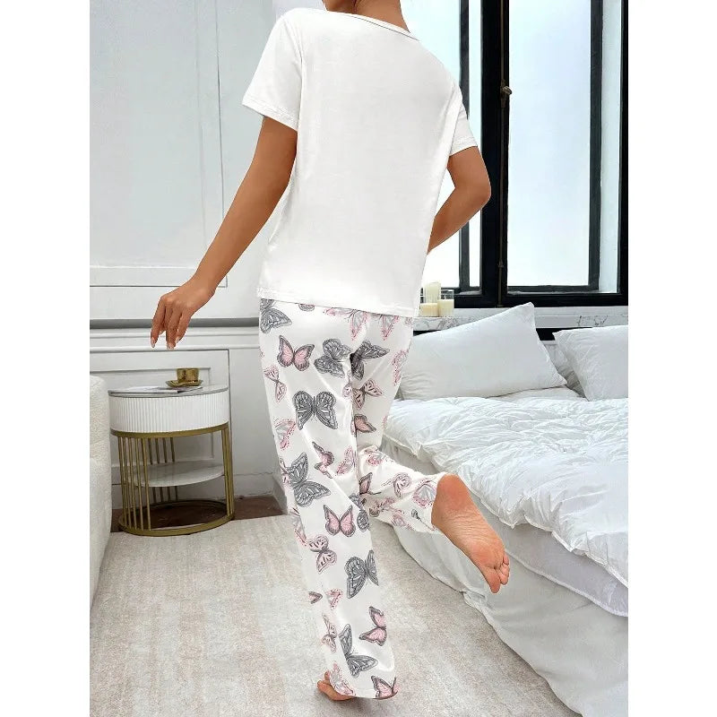 Women's Butterfly Print Pajama Set - 2-Piece Short Sleeve Top and Trousers Sleepwear