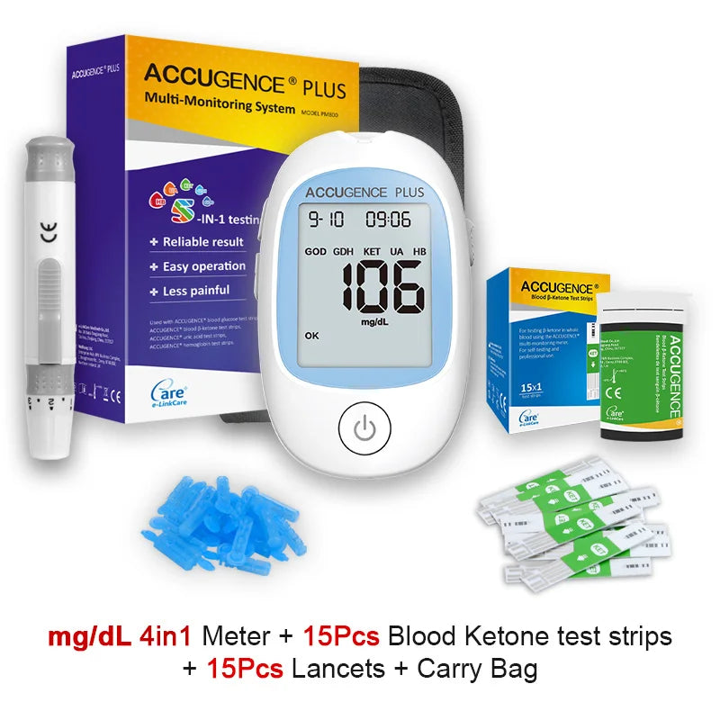 4-in-1 Multifunction Blood Monitor – Hemoglobin, Glucose, Ketone, Uric Acid Test for Diabetes, Anemia, Gout