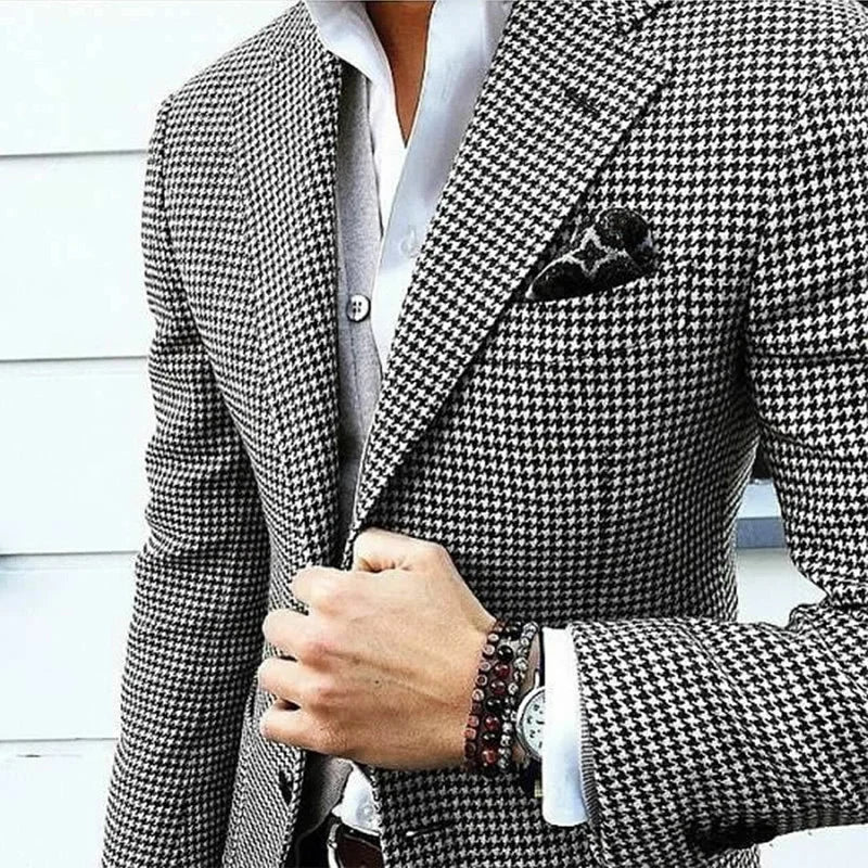 Men’s Slim Fit Houndstooth Blazer — Italian Style Casual Suit Jacket, Notched Lapel Check Coat for Wedding, Prom & Party 2024