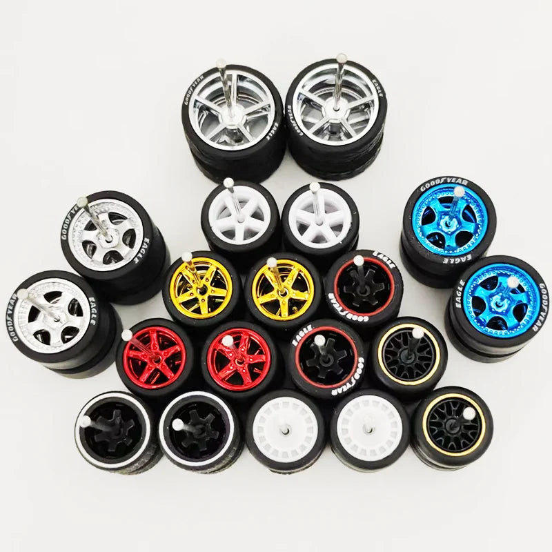 1:64 Alloy Car Wheels & Rubber Tires Set - Replacement Axles for Hot Wheels, Matchbox & Model Cars