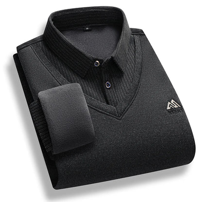 Men's Fleece Lined Polo Sweater - Fake Two-Piece Thick Winter Business Casual Pullover Top