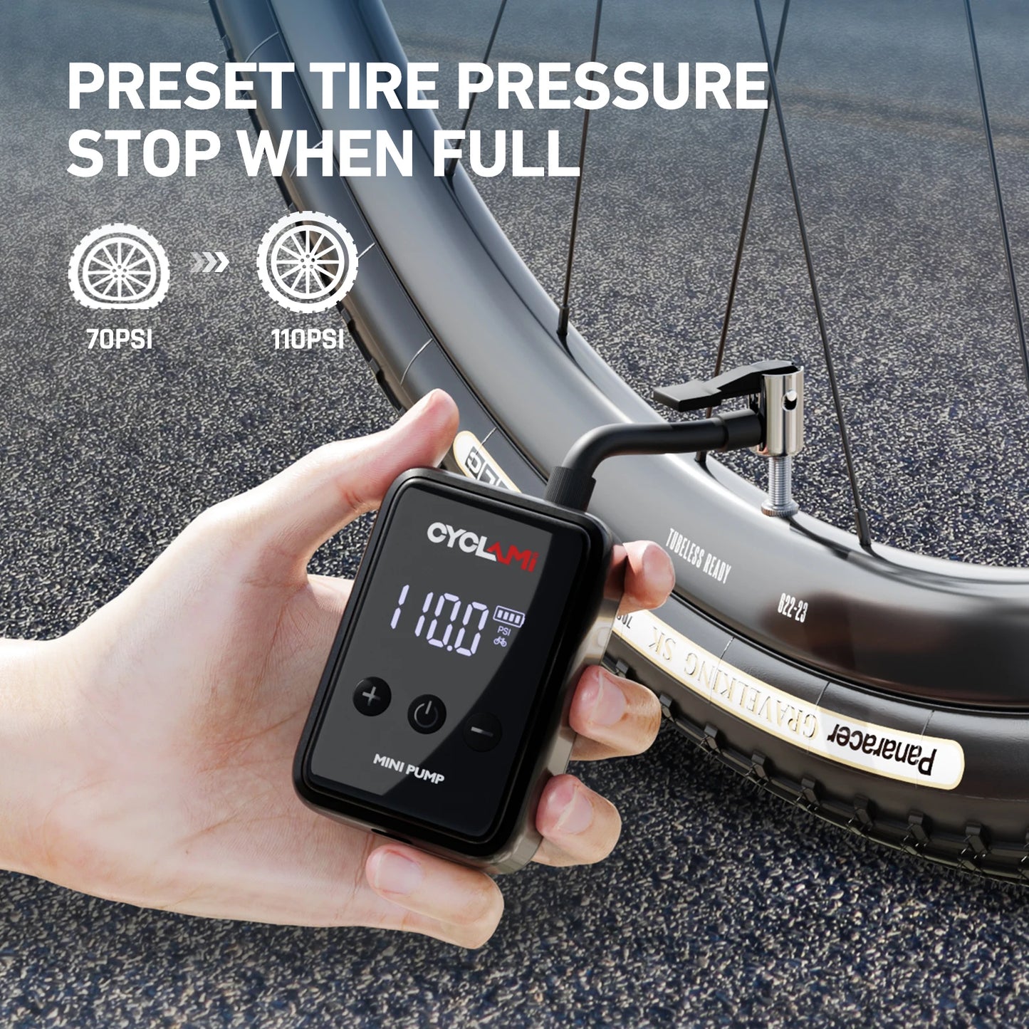 CYCLAMI HW125 150PSI Portable Electric Bike Air Pump – Rechargeable Mini Tire Inflator for Schrader & Presta Valves