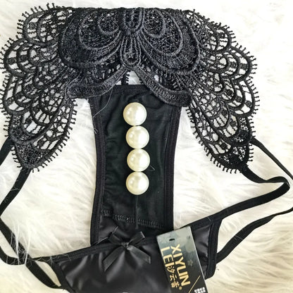 Women’s Lace Embroidered Thong Panties – Beaded Faux Pearl Design T-Back G-String Underwear, Hollow Out Sexy Lingerie Intimates