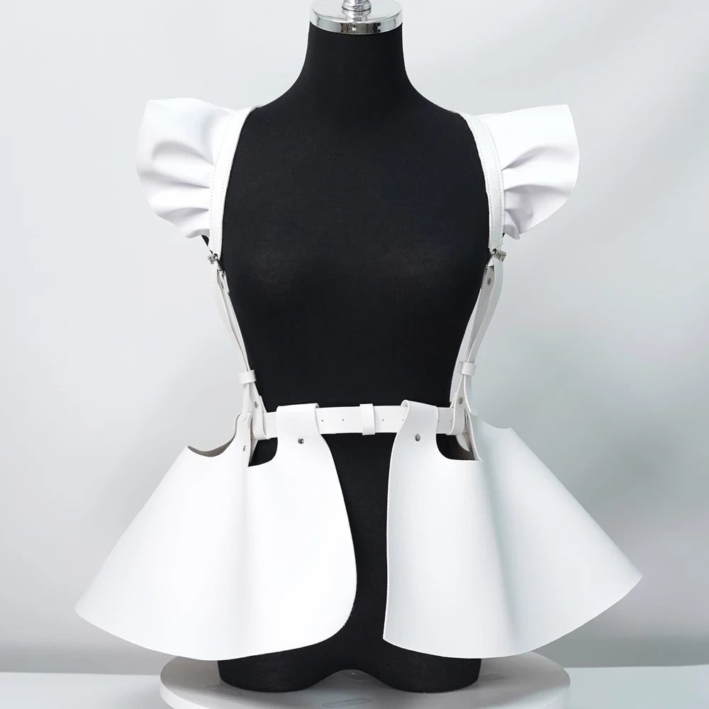 Women’s Gothic Leather Body Harness Belt – Skirt Accessory with Ruffle Hem, Waist & Shoulder Fashion Belt