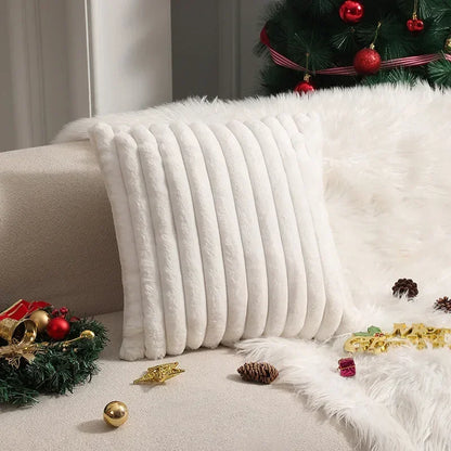 Faux Rabbit Fur Cushion Cover – Plush Soft Fluffy Striped Decorative Pillowcase for Luxury Sofa Home Decor