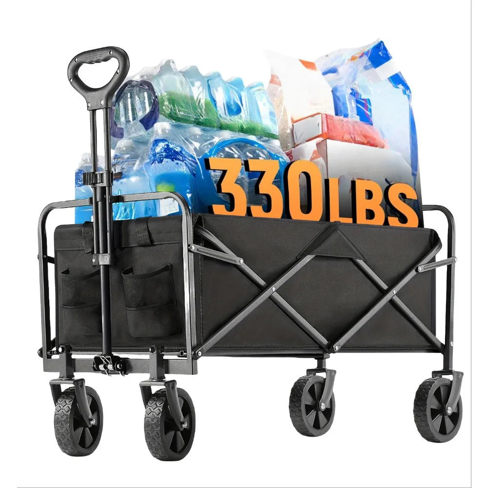 Heavy-Duty Folding Wagon Cart - Large Capacity Collapsible Utility Cart with 360° All-Terrain Wheels & Side Pockets