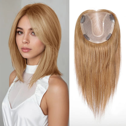 14" Gray Blonde Human Hair Topper – Mono Lace Base, 4 Clips, Natural Look for Thinning Hair