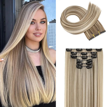 Black Hair Extensions: 24"/60cm 140g 6pcs/set Women's Long Straight Synthetic Full Head Clip - 16 Clips, Ombre, Heat-Resistant Fiber
