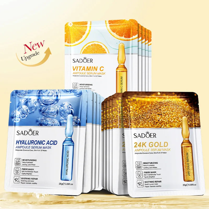 10pcs SADOER 24K Gold Face Masks – Vitamin C & Hyaluronic Acid for Moisturizing, Firming & Hydrating Skin Care
