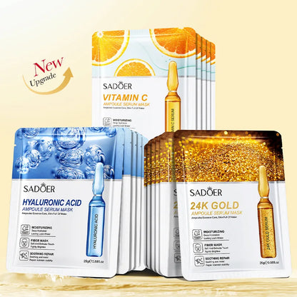 10pcs SADOER 24K Gold Face Masks – Vitamin C & Hyaluronic Acid for Moisturizing, Firming & Hydrating Skin Care
