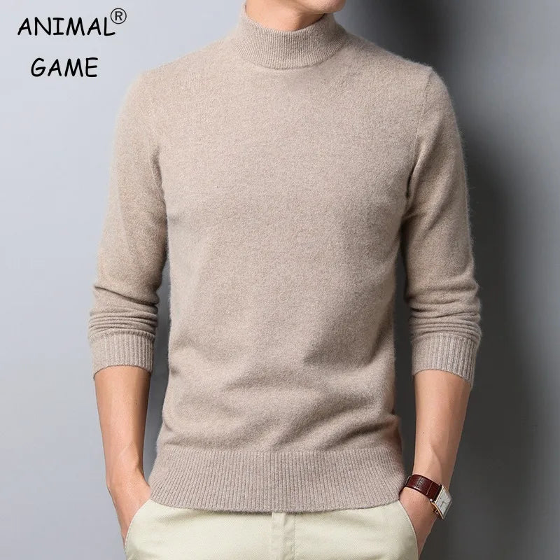 New Autumn/Winter Men's Mock Neck Sweater - Solid Color Half Turtleneck Pullover Knitwear, Casual Fashion Brand Clothing