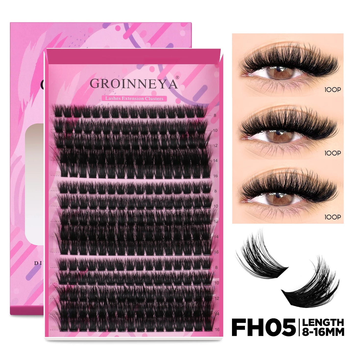 GROINNEYA DIY Lash Extension Kit – Cluster & Individual Lashes Set with Lash Bond & Seal for At-Home Eyelash Extension Makeup