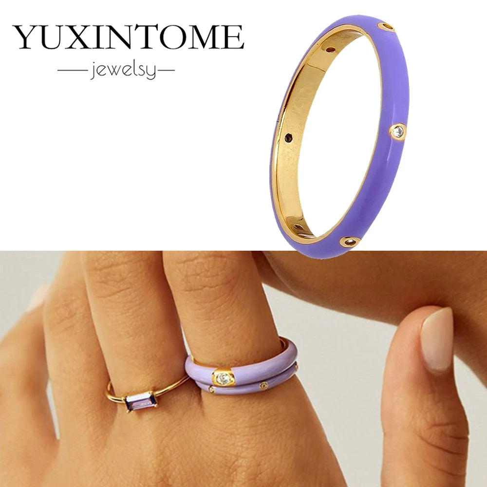 24K Gold-Plated & Silver Enamel Ring – Slim Round Women's Luxury Zircon CZ Ring in Green, Purple, Pink for Wedding & Anniversary