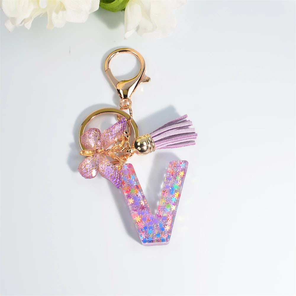 A-Z Sequin Initial Keychain - Dreamy Butterfly Tassel Pendant Bag & Purse Charm for Women
