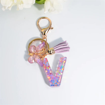A-Z Sequin Initial Keychain - Dreamy Butterfly Tassel Pendant Bag & Purse Charm for Women