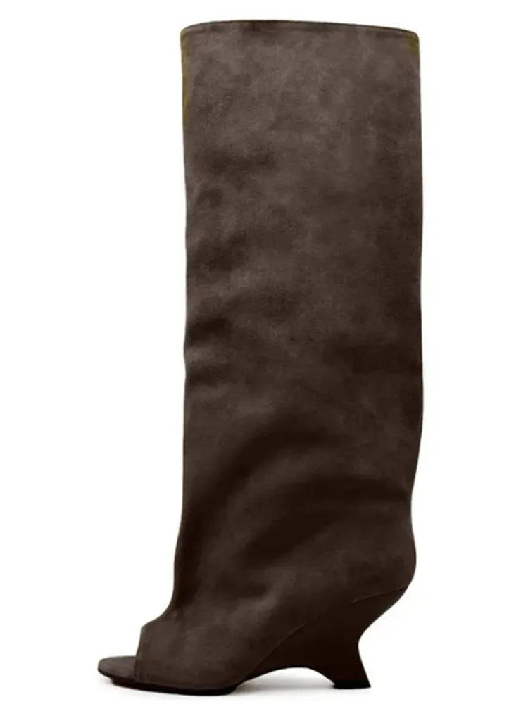 2025 Women’s Fish Mouth Knee-High Boots – Thick Slant Heel Fashion High Heels Spring Summer Large Size