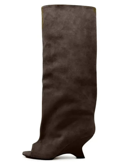 2025 Women’s Fish Mouth Knee-High Boots – Thick Slant Heel Fashion High Heels Spring Summer Large Size