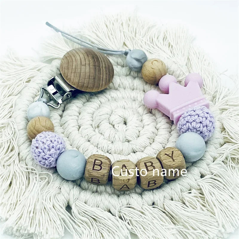 DIY Custom Name Silicone Beads & Wooden Ring Pacifier Clip – Safe Baby Teether, Eco-Friendly Dummy Chain Gift
