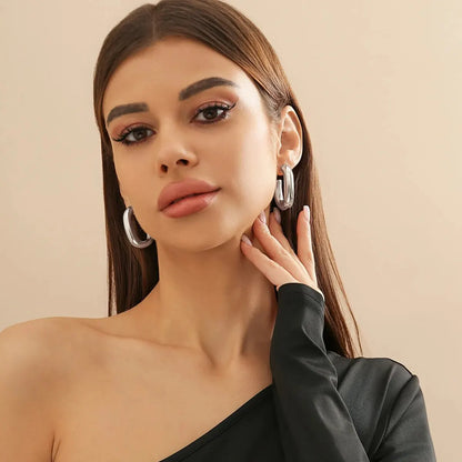 Vintage U-Shape Link Hoop Earrings – Geometric Punk Metal Jewelry for Women