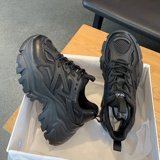 2024 Women's Fashion Platform Sport Shoes - Chunky Black Mesh Leather Casual Sneakers for Summer