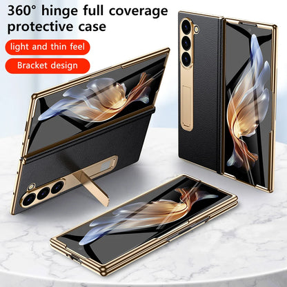 LANGSIDI Leather Case for Samsung Galaxy Z Fold 6/5/4/3 – Gold Plated Magnetic Hinge Cover with Mirror Film & Stand