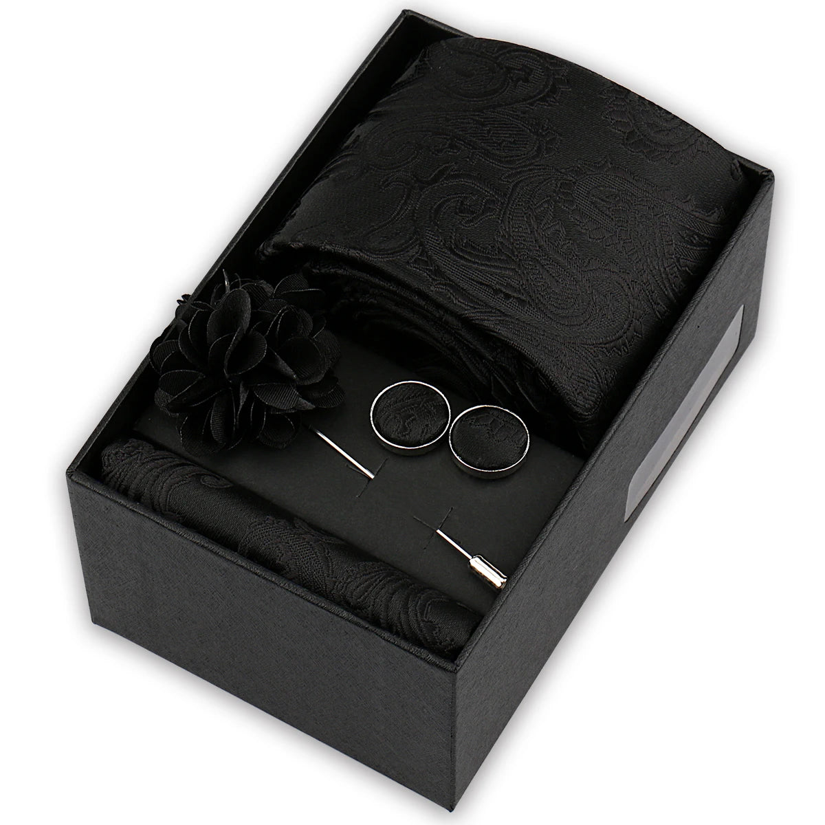 Men’s 4-Piece Tie Set Gift Box - Elegant Necktie with Handkerchief, Cufflinks & Brooch for Business, Wedding & Suit Accessories