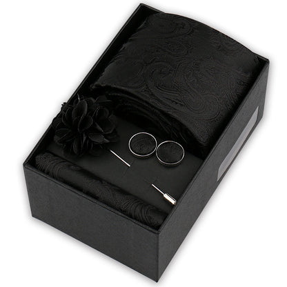 Men’s 4-Piece Tie Set Gift Box - Elegant Necktie with Handkerchief, Cufflinks & Brooch for Business, Wedding & Suit Accessories