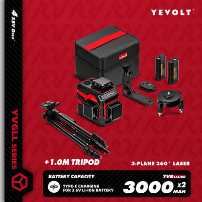 YEVOLT YVGLL4XS12 12-Line Green Laser Level – ±0.2mm/m Precision, IP54 Waterproof, Auto-Leveling with Slope Mode