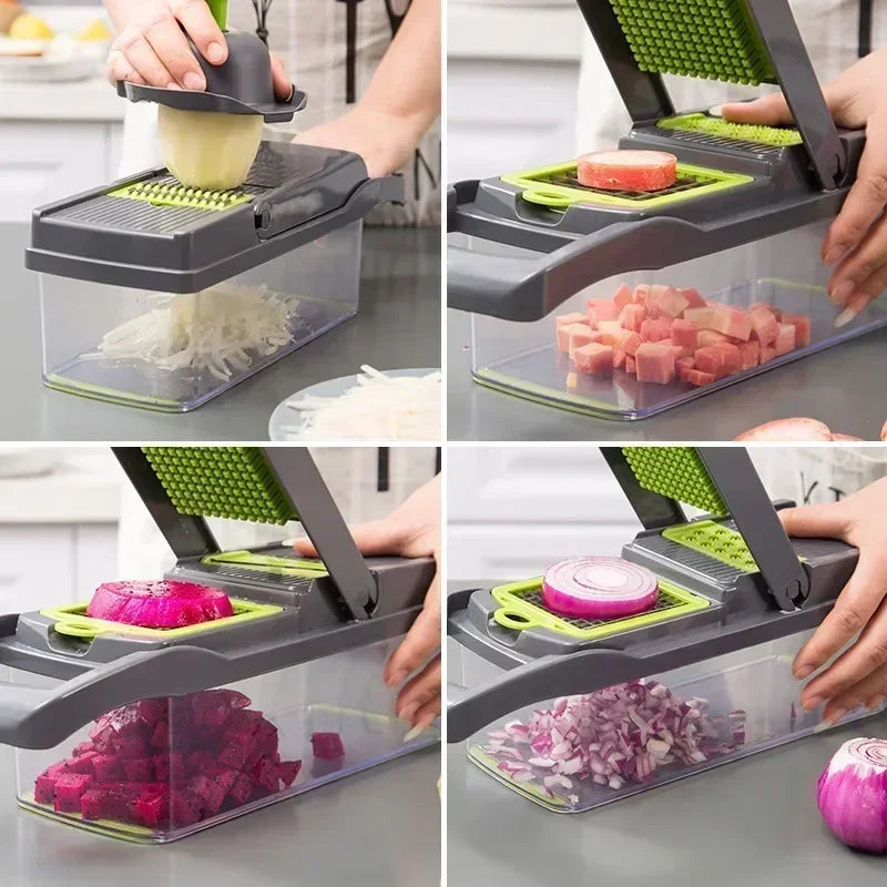 Multifunctional 14/16-in-1 Vegetable Chopper – Kitchen Food Grater, Slicer & Dicer with Handle