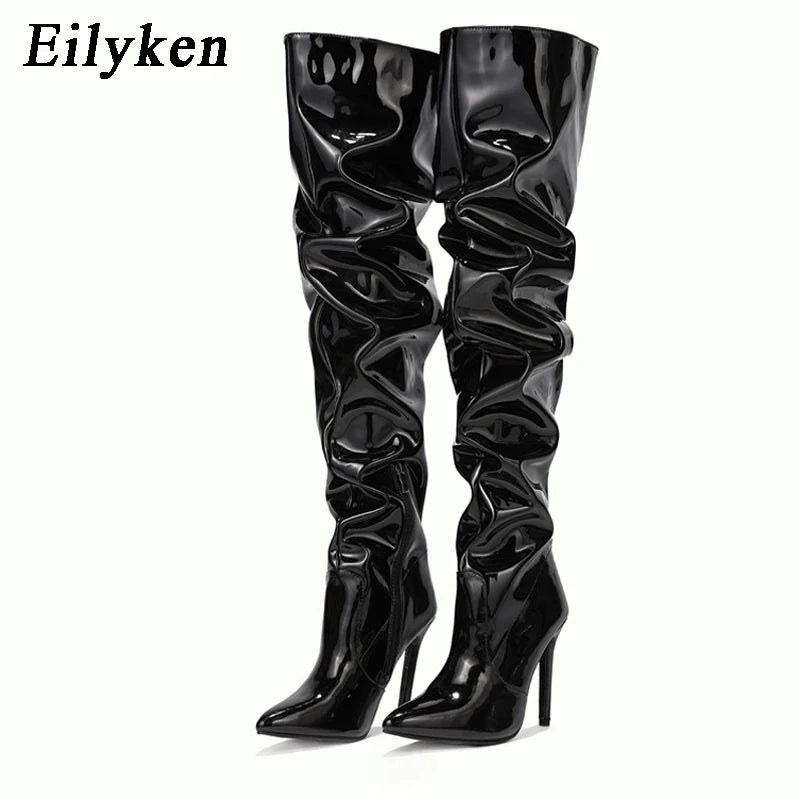 Eilyken Red Over-the-Knee Stiletto Boots for Women – Patent Leather Pointed Toe High Heel Zip-Up Shoes