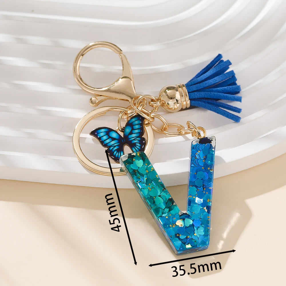 Royal Blue Butterfly Initial Keychain - Alloy Alphabet Letter & Tassel Backpack Charm