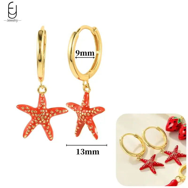 925 Sterling Silver Earrings for Women – Cute Starfish & Shrimp Pendant, Red Chili & Star Enamel Gold Fashion Jewelry