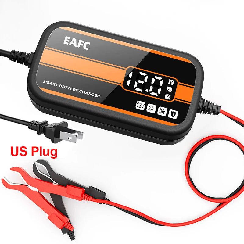 12V Smart Car Battery Charger – Digital Display Lead-Acid Battery Maintainer and Repair Charger for Cars, SUVs, and Motorcycles (2Ah–20Ah)